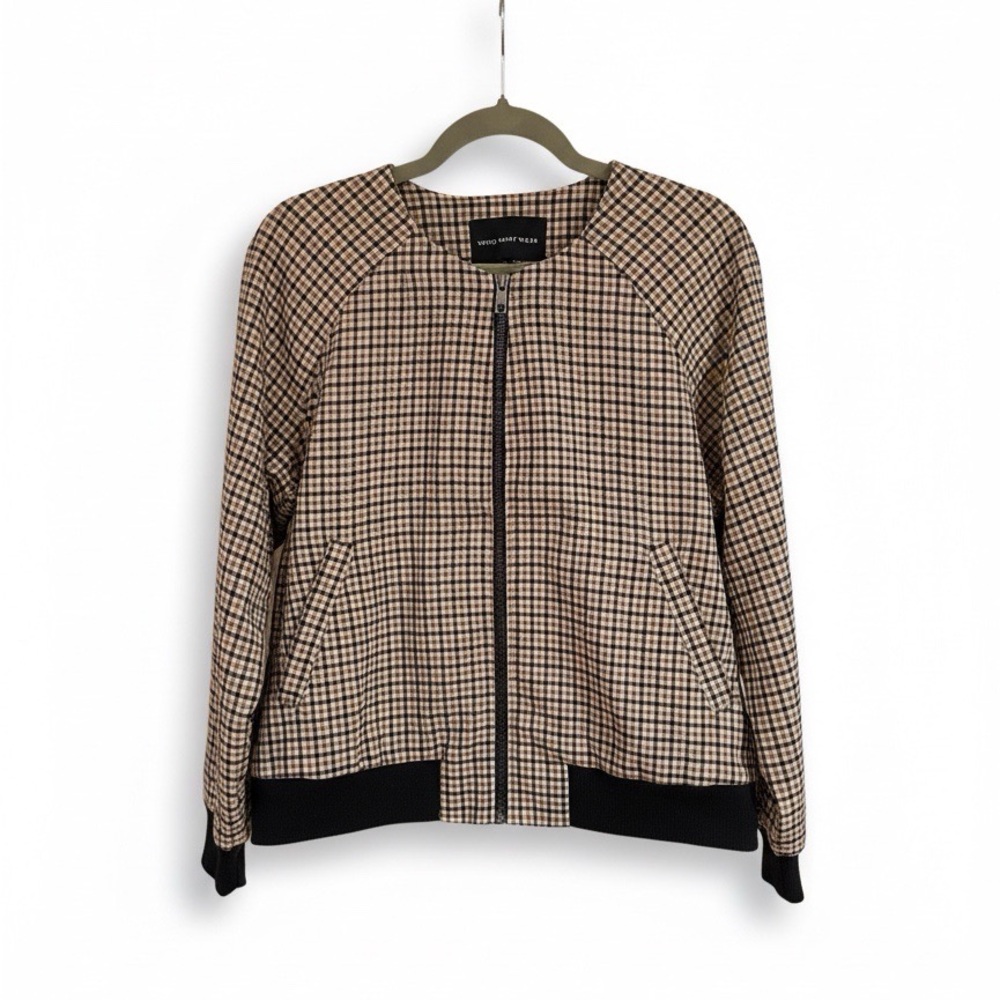 Who What Wear Checkered Bomber Jacket in Black and Tan